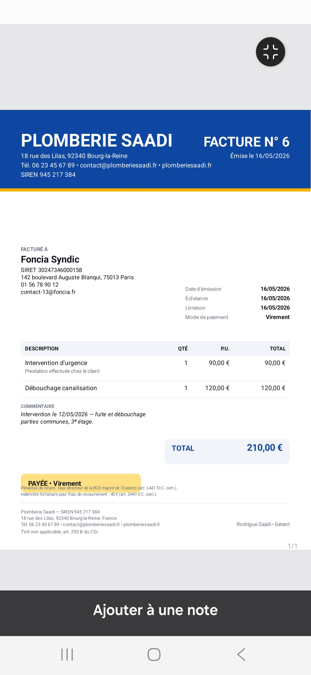 Facture pour une entreprise avec mentions légales B2B